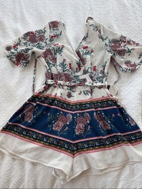 Blue Rain Floral Wrap Romper in Cream & Navy with Pink Blooms